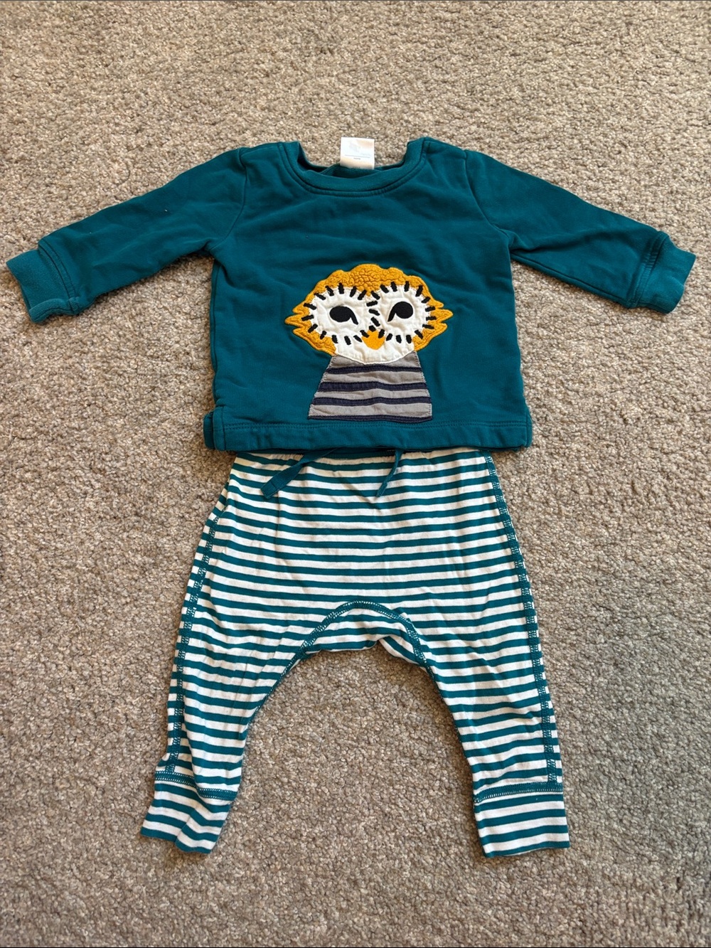 Hanna Andersson teal Striped Pants Set with Owl Appliqué 12-18m